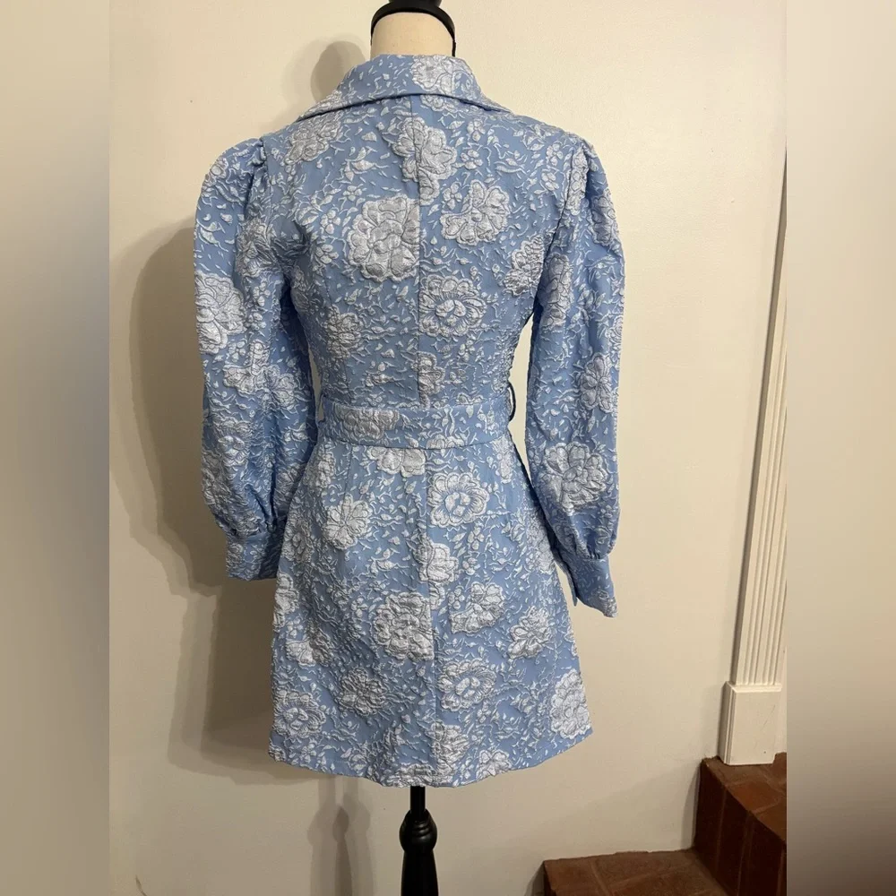 Simplee Blue Floral Belted waist Bishop Sleeve Dress Size SMALL NWOT - Picture 6 of 9